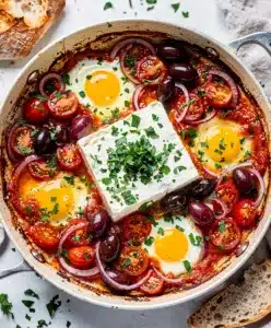 Mediterranean baked feta eggs with tomatoes olives and herbs in skillet