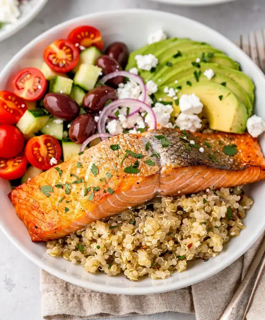 Mediterranean Salmon Bowl with creamy lemon tahini dressing close up