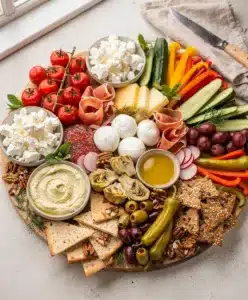 Mediterranean summer board with feta olives hummus pita and fresh vegetables