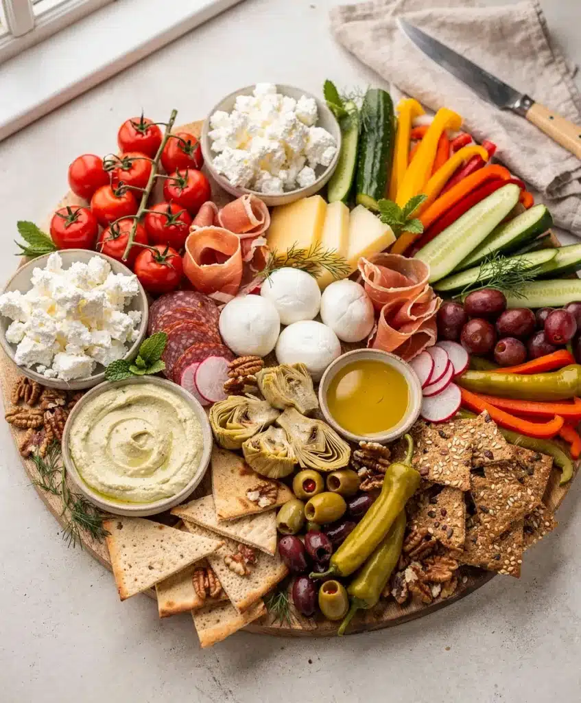 Mediterranean summer board with feta olives hummus pita and fresh vegetables
