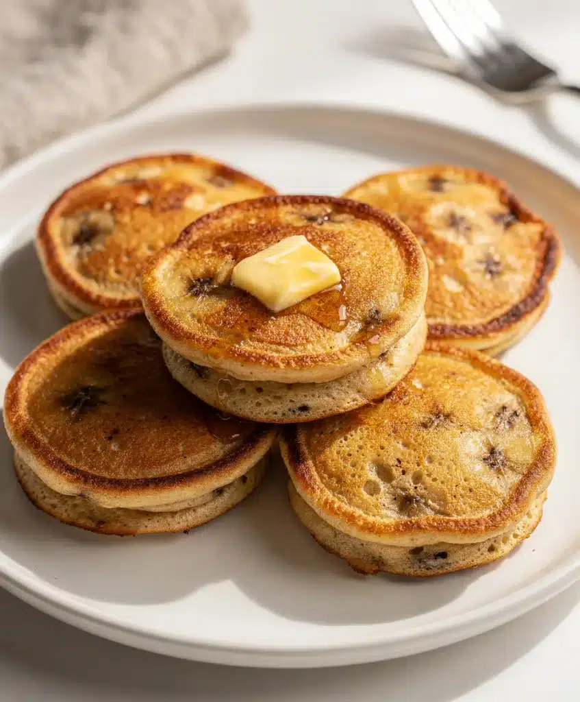 Mini banana pancake bites with maple syrup on a white plate.