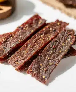 Old fashioned peppered beef jerky recipe with glossy leathery textures on rustic board