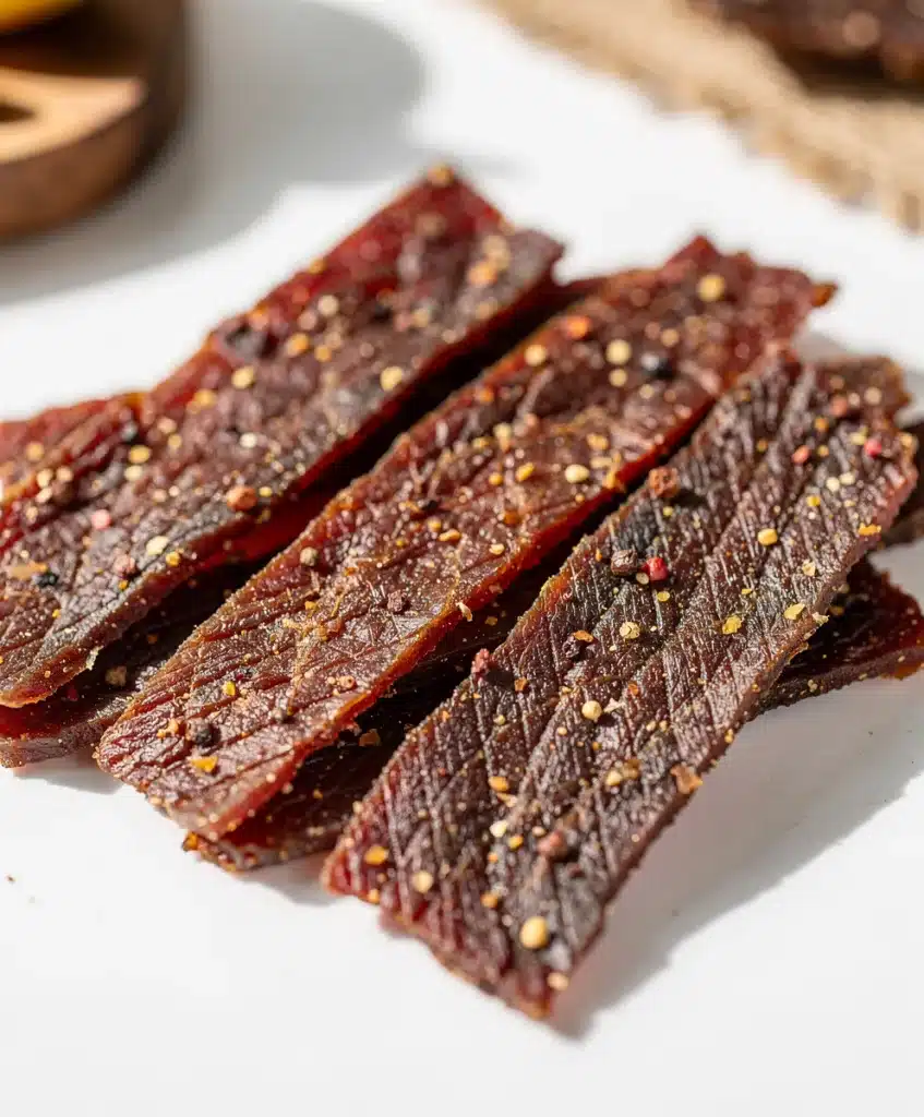 Old fashioned peppered beef jerky recipe with glossy leathery textures on rustic board