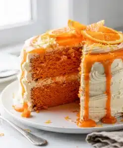 Moist orange layer cake with vanilla cream cheese frosting and glossy orange glaze.