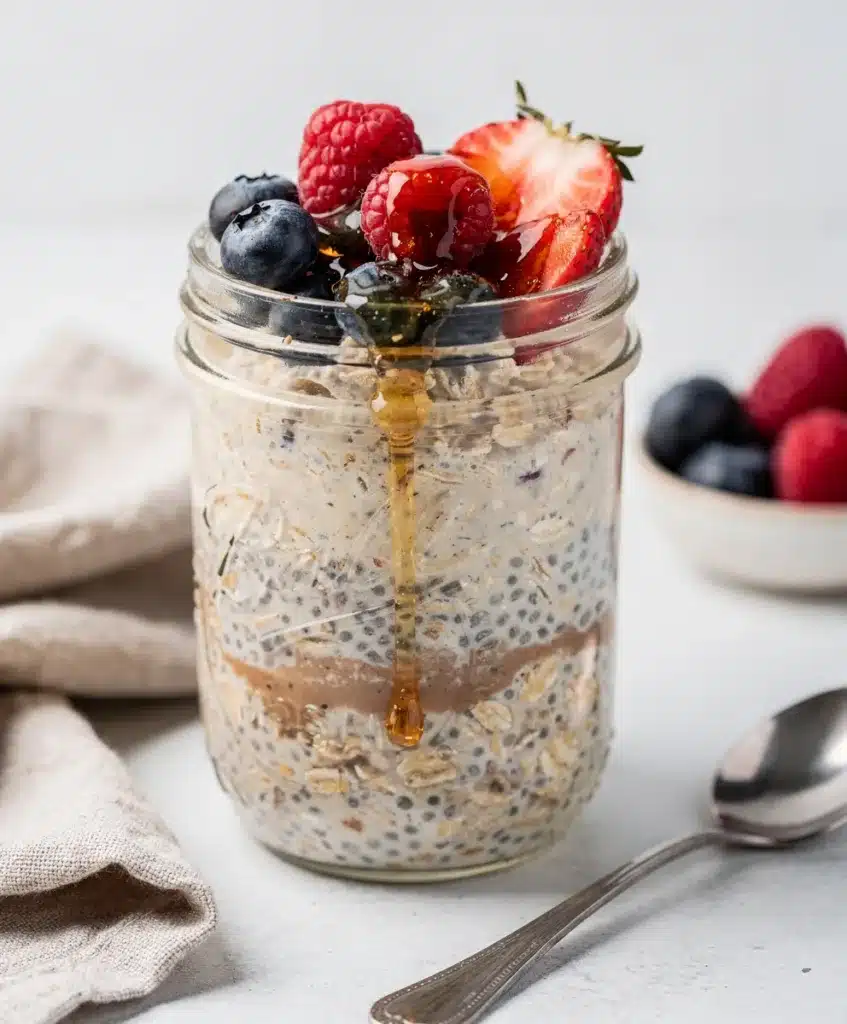 Creamy overnight protein oats in a jar topped with fresh berries and chia seeds.