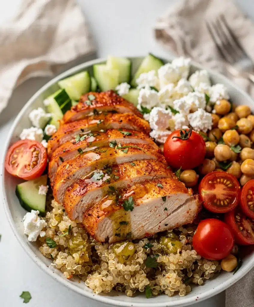 Easy chicken meal prep bowls with quinoa, fresh veggies, and lemon herb dressing.