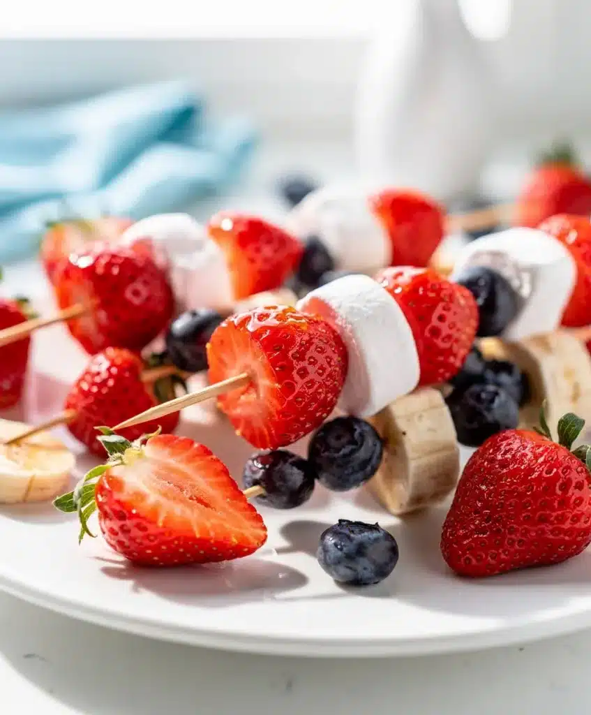 Patriotic fruit skewers with strawberries bananas blueberries and marshmallows on a white platter