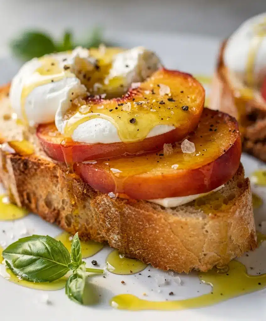 Creamy burrata and juicy peach bruschetta on toasted rustic bread close up