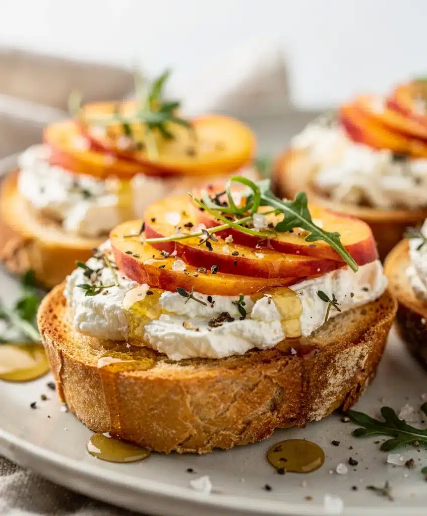 Creamy goat cheese and juicy peaches top crispy toasted baguette crostini.