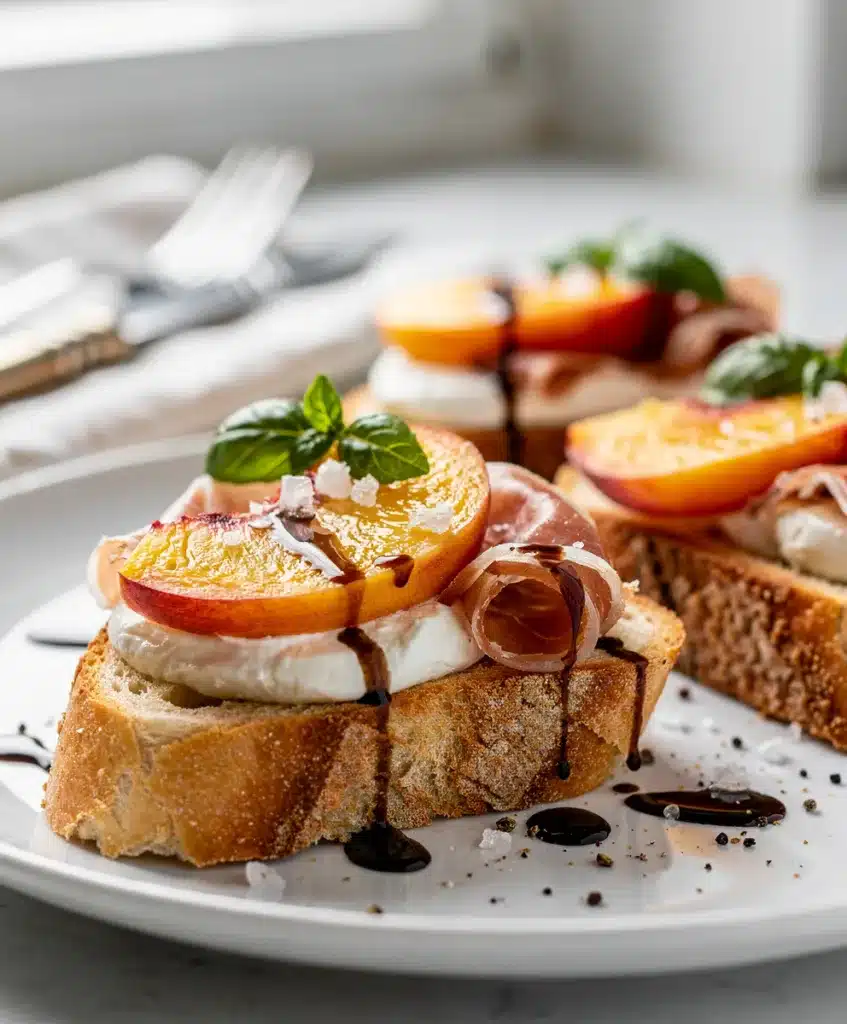 Peach prosciutto bruschetta with creamy mozzarella on toasted baguette slices
