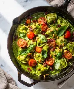 Creamy Pesto Tortellini Skillet with cherry tomatoes and basil.