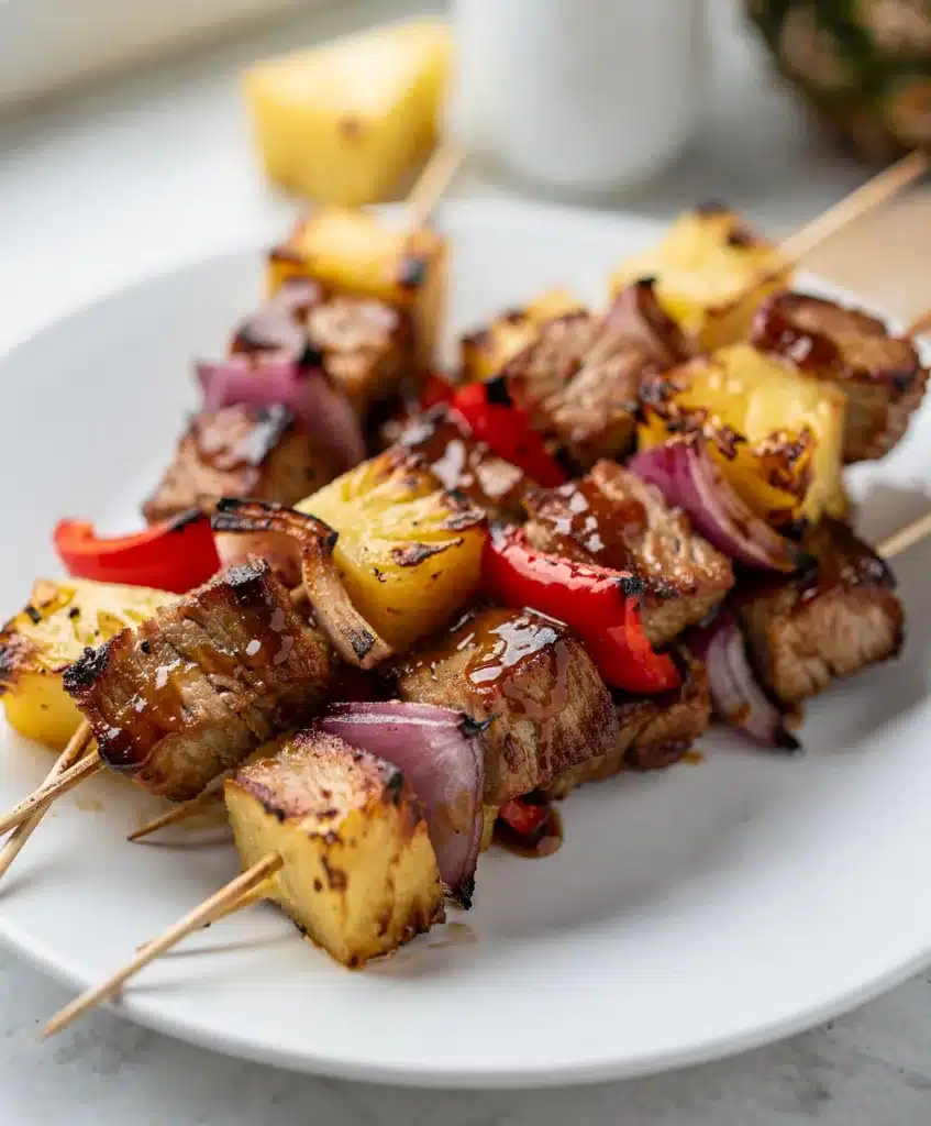 Juicy pineapple BBQ pork skewers with caramelized glaze and char marks.