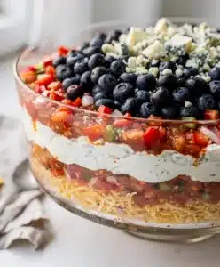 Patriotic red white blue layered dip recipe for Fourth of July celebrations