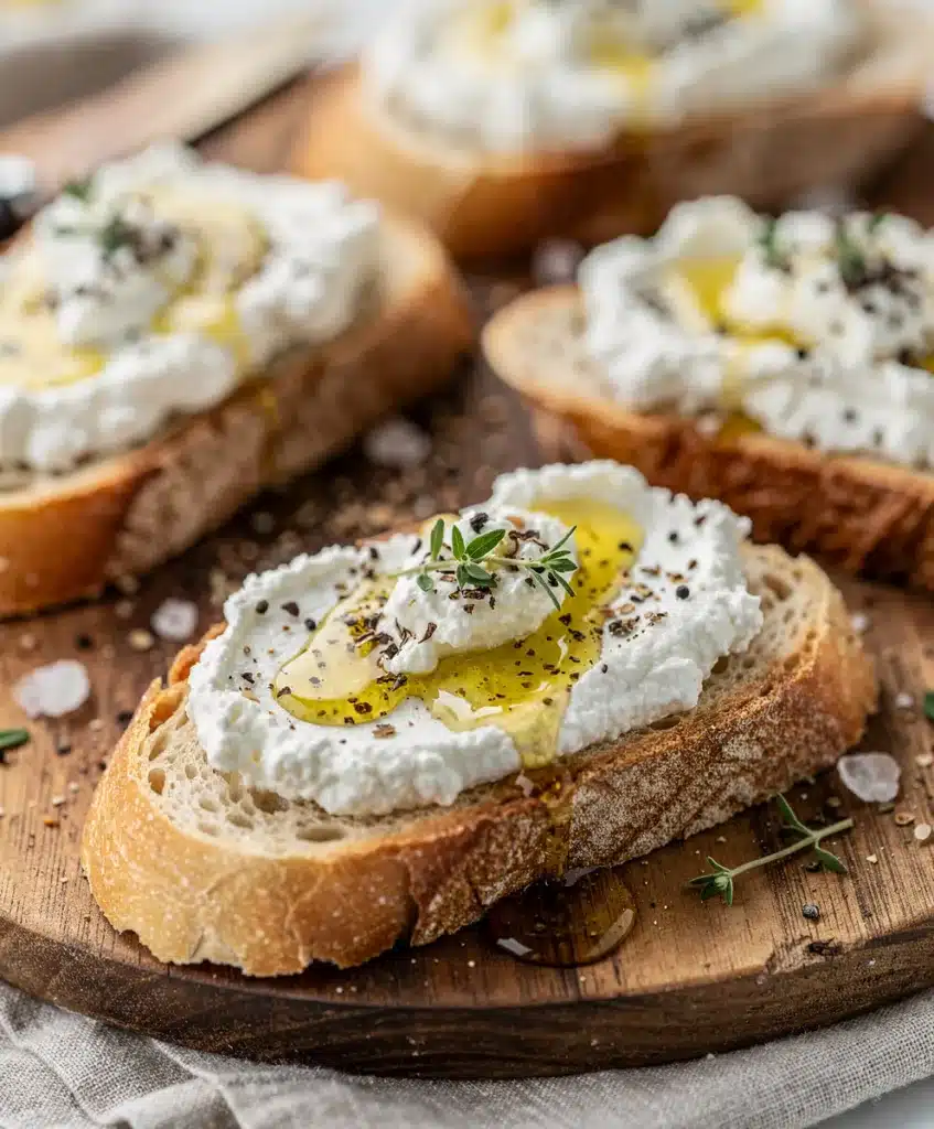 Creamy ricotta honey bruschetta on rustic toasted bread with thyme garnish