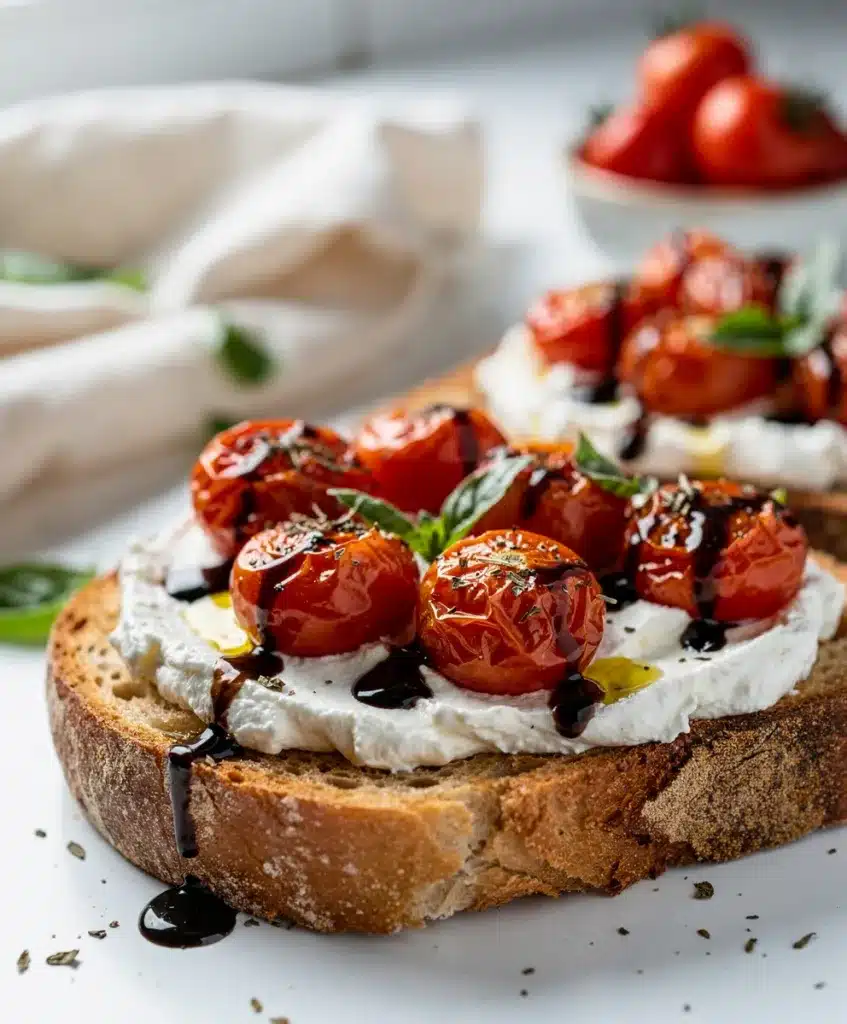 Roasted tomato goat cheese toast on rustic bread with balsamic glaze and basil
