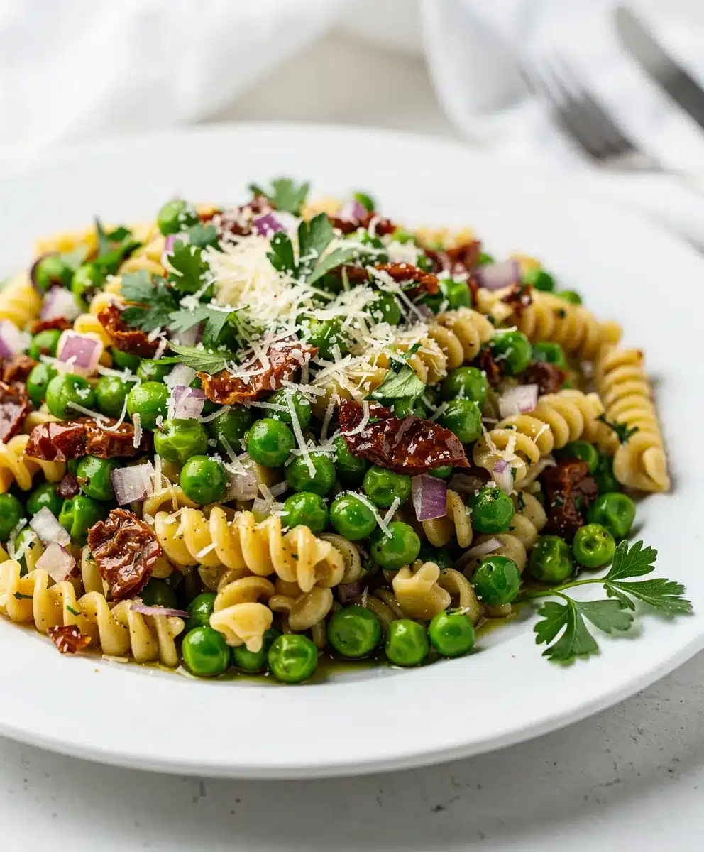 Vibrant rotini pasta salad with peas and sun-dried tomatoes.