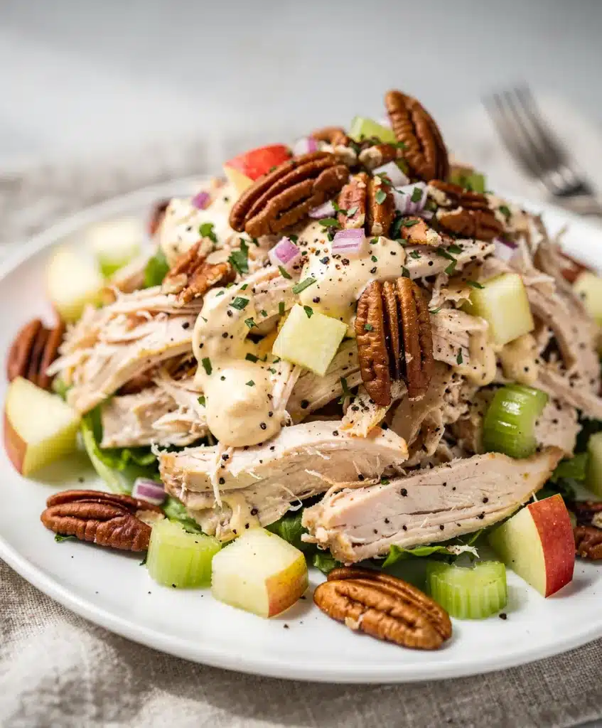 Rotisserie chicken salad with celery, apple, and pecans in a bowl.