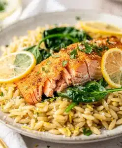 Creamy Salmon Lemon Orzo Skillet in white ceramic dish