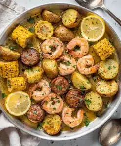 Sheet pan shrimp boil with buttered shrimp sausage corn and potatoes