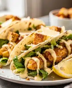 Crispy Smash Chicken Caesar Tacos with creamy dressing and Parmesan.