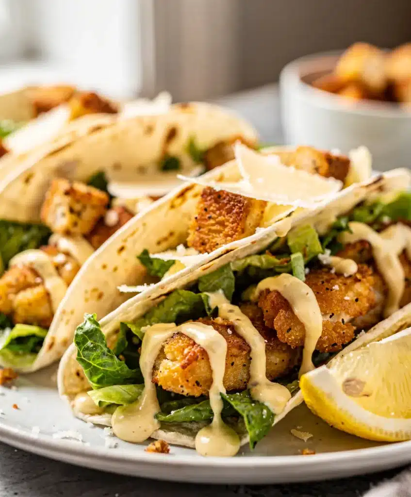 Crispy Smash Chicken Caesar Tacos with creamy dressing and Parmesan.