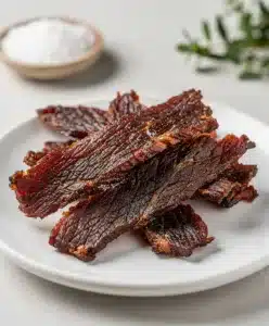 Homemade smoked beef jerky strips with a sticky, peppery glaze on wood.
