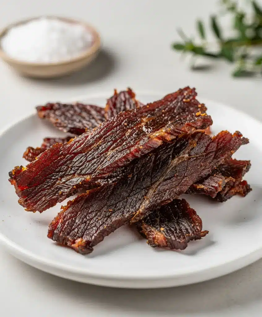 Homemade smoked beef jerky strips with a sticky, peppery glaze on wood.