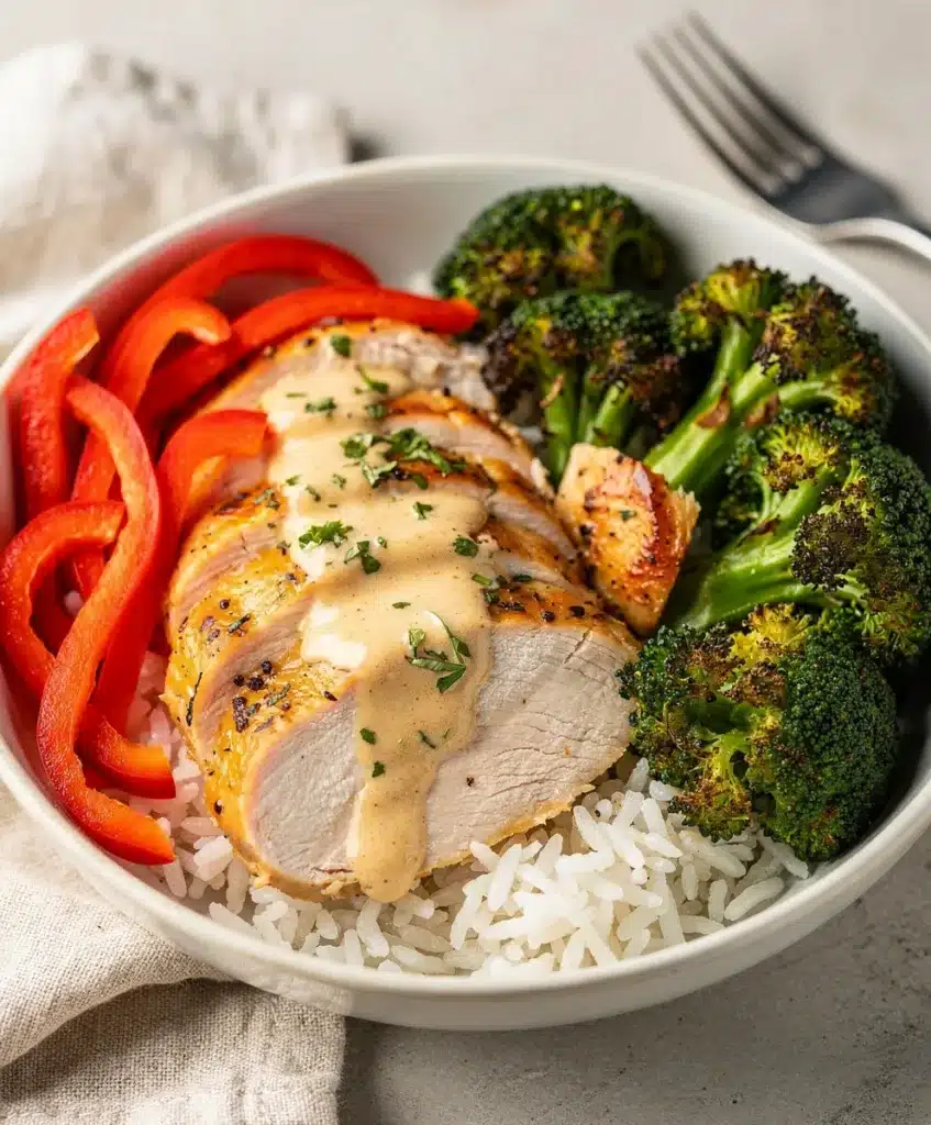 Special chicken meal prep bowls with rice broccoli avocado and feta cheese