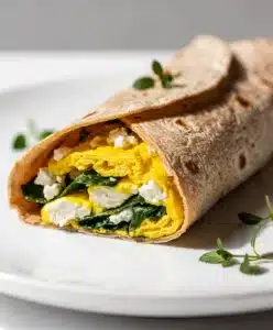 Spinach feta egg white wrap sliced on a rustic wooden cutting board.