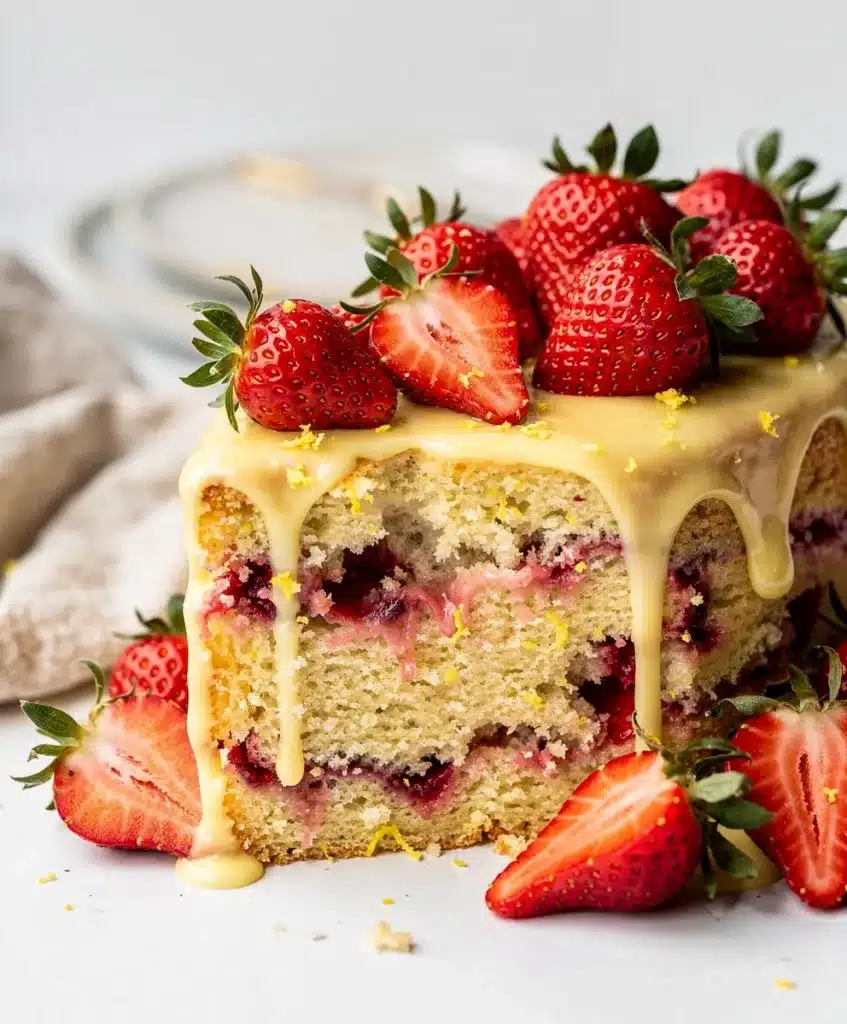 Close-up strawberry lemon cake slice on rustic wooden table.