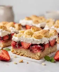 Strawberry shortcake bars feature buttery crust juicy filling and creamy topping