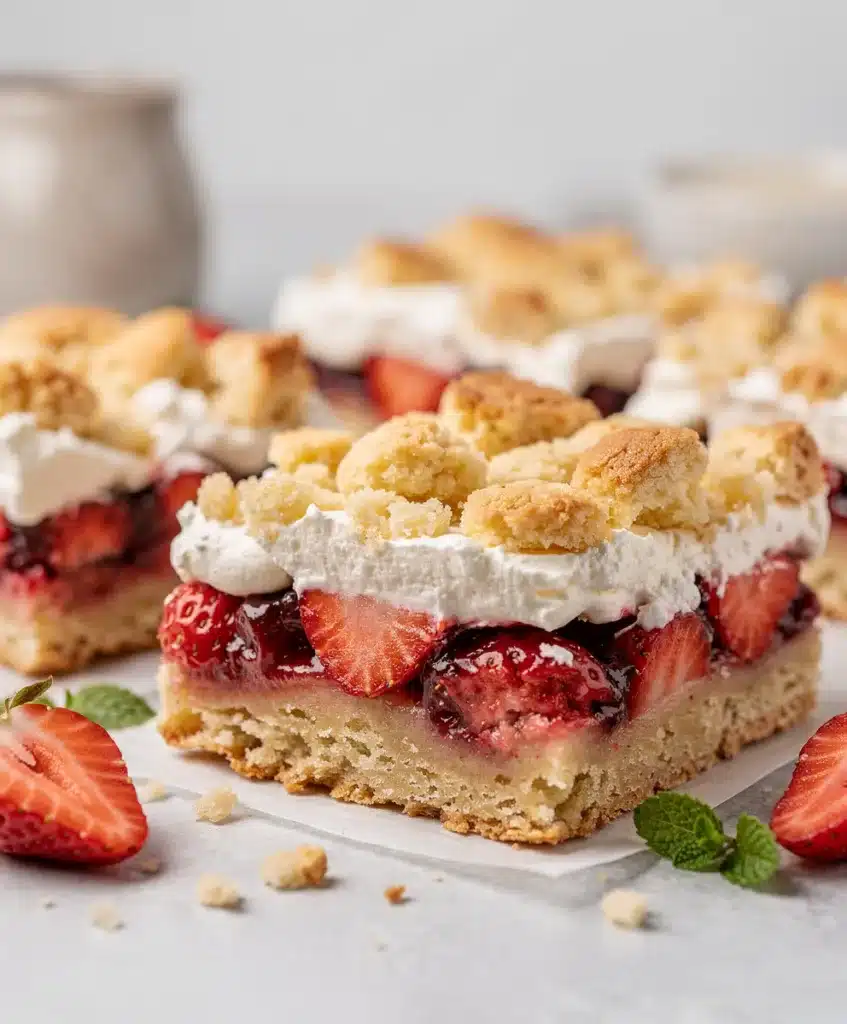 Strawberry shortcake bars feature buttery crust juicy filling and creamy topping