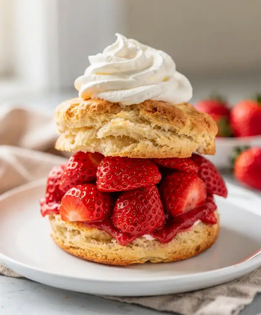 Seasonal strawberry shortcake with juicy berries and fresh whipped cream on a golden biscuit