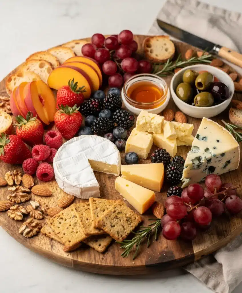 Colorful summer fruit and cheese board with crackers and nuts on rustic wood