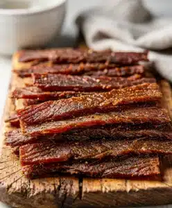 Simple beef jerky marinade recipe with soy sauce and spices in bowl