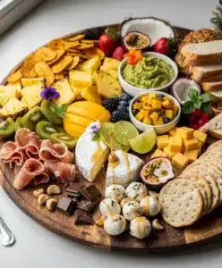 Colorful tropical fruit grazing board with brie and prosciutto for summer entertaining