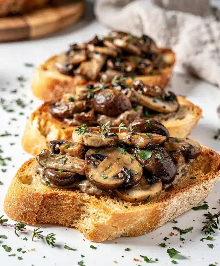 Creamy truffle mushroom bruschetta on toasted baguette with thyme and Parmesan
