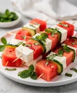 Refreshing watermelon feta skewers with cucumber mint and lime dressing.