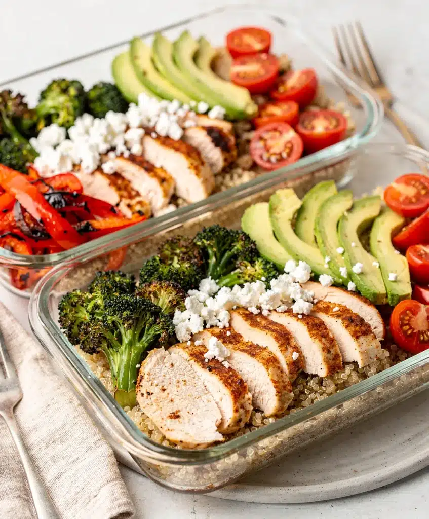 Weekly chicken meal prep bowls with quinoa, veggies, and four vibrant sauces.