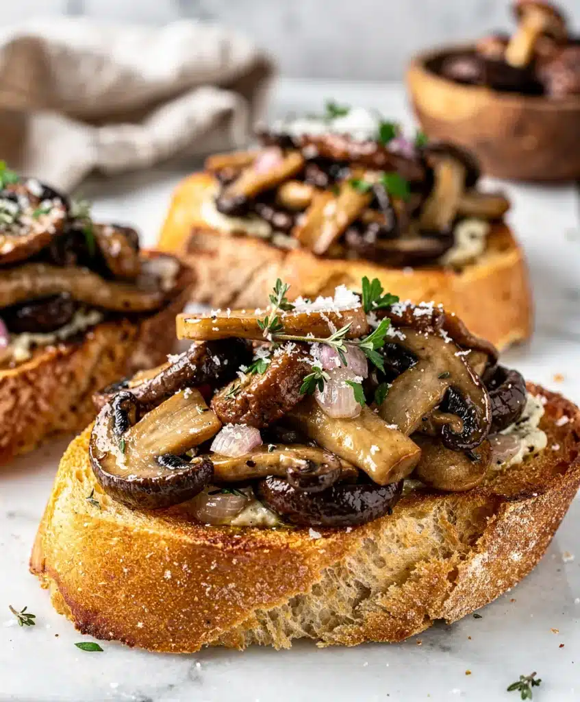 Savory wild mushroom bruschetta with thyme and Parmesan on toasted baguette slices.