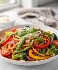 Vibrant zucchini noodle primavera with glossy tomato basil sauce