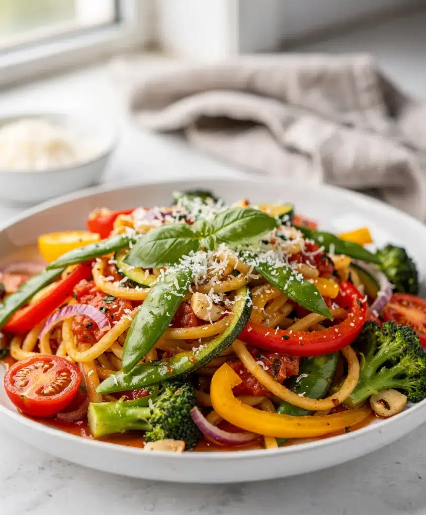 Vibrant zucchini noodle primavera with glossy tomato basil sauce