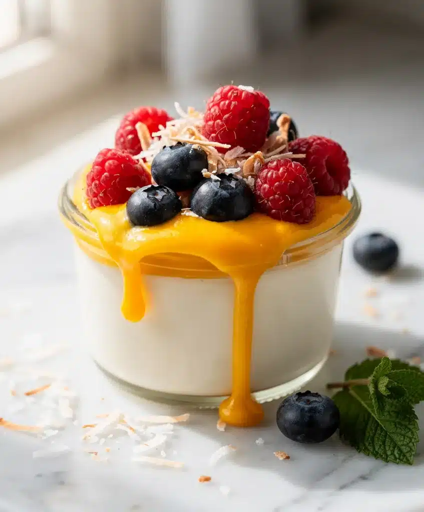 Creamy coconut panna cotta topped with fresh berries and mango puree