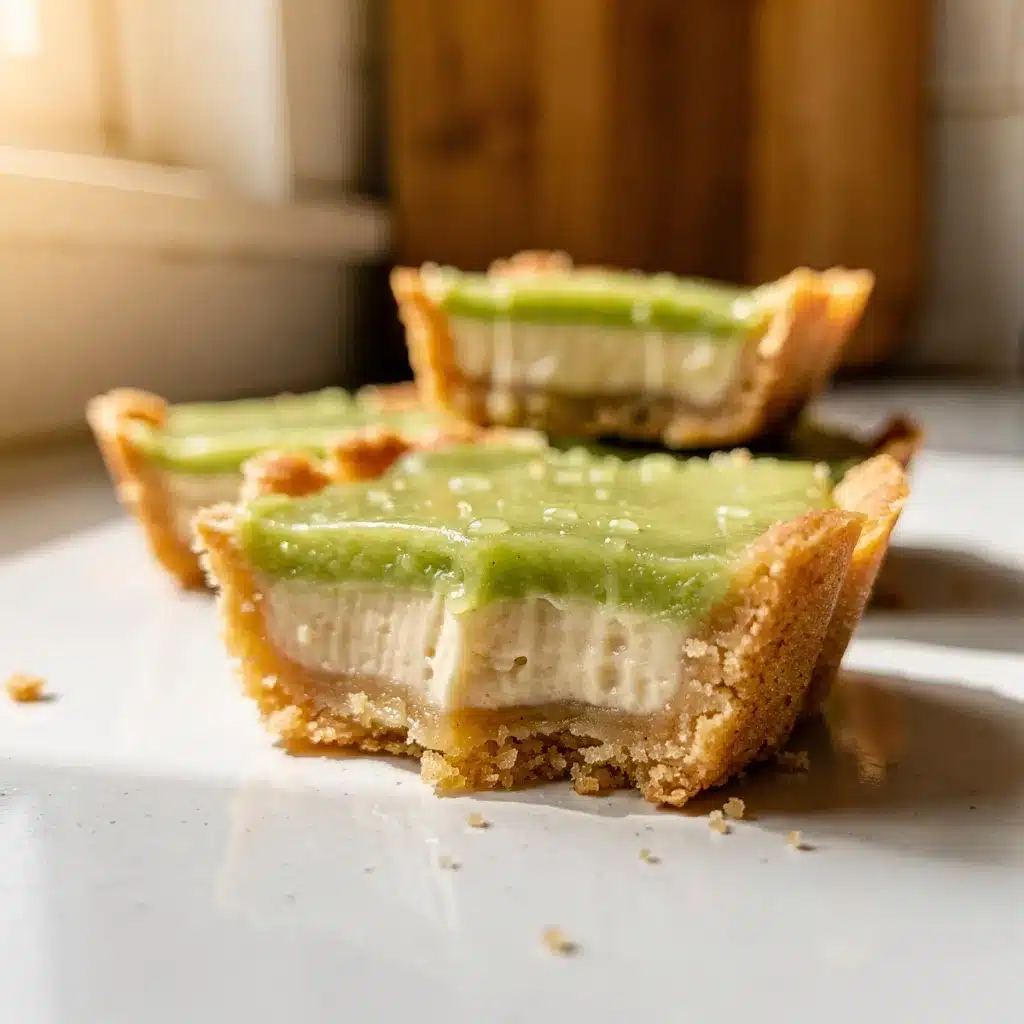 Close up homemade creamy lime bars on warm wooden countertop