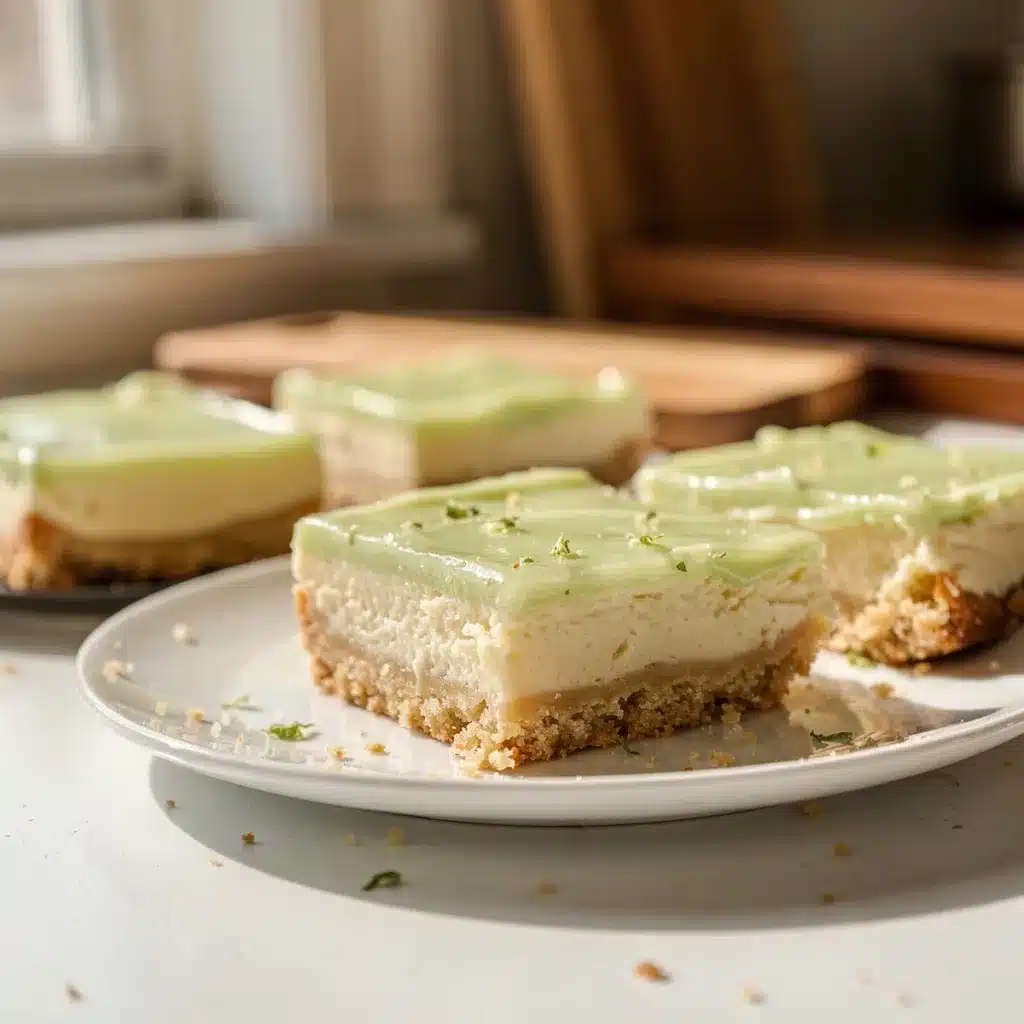 Close up juicy homemade creamy lime bars on warm wood countertop
