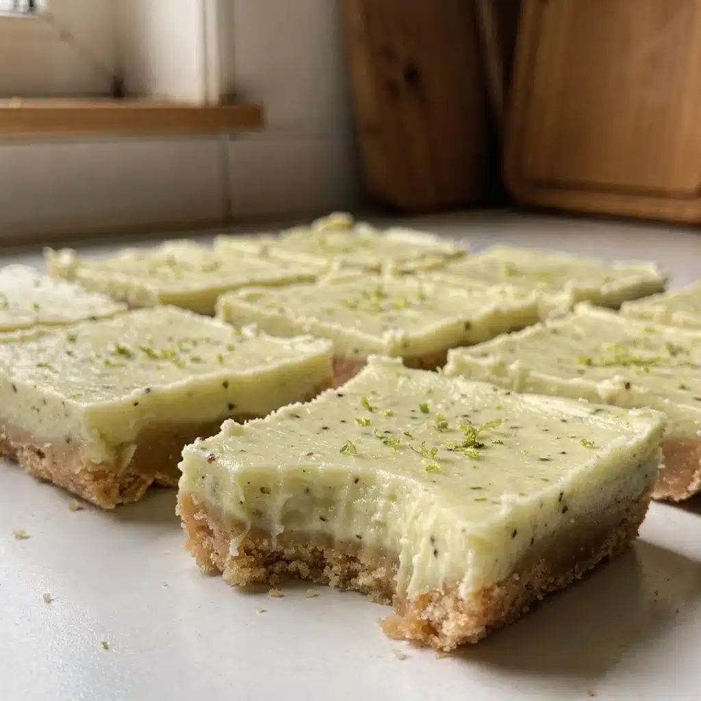 Close up homemade creamy lime bars on white countertop warm daylight