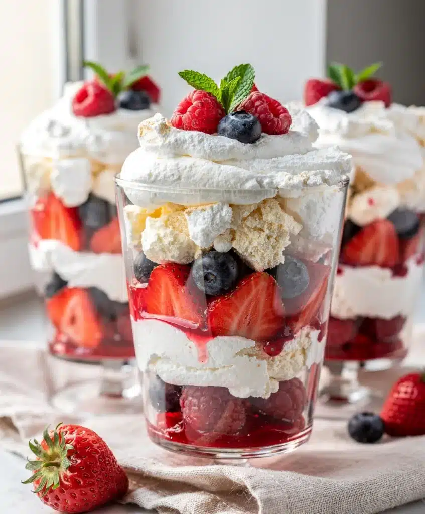 Eton Mess Parfait layers with strawberries and cream close up
