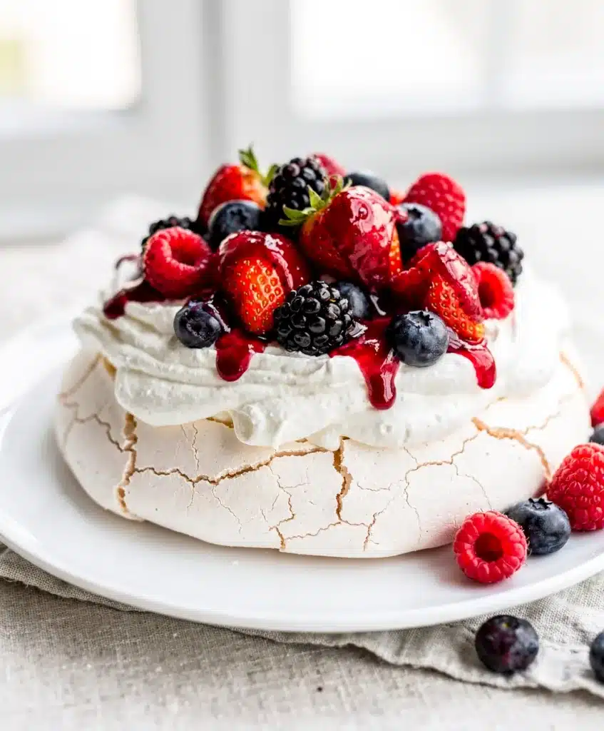 Fresh Berry Pavlova with glossy jam and crisp meringue