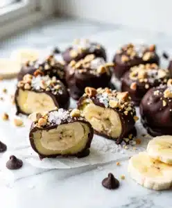 Vibrant frozen banana bites with glossy dark chocolate coating