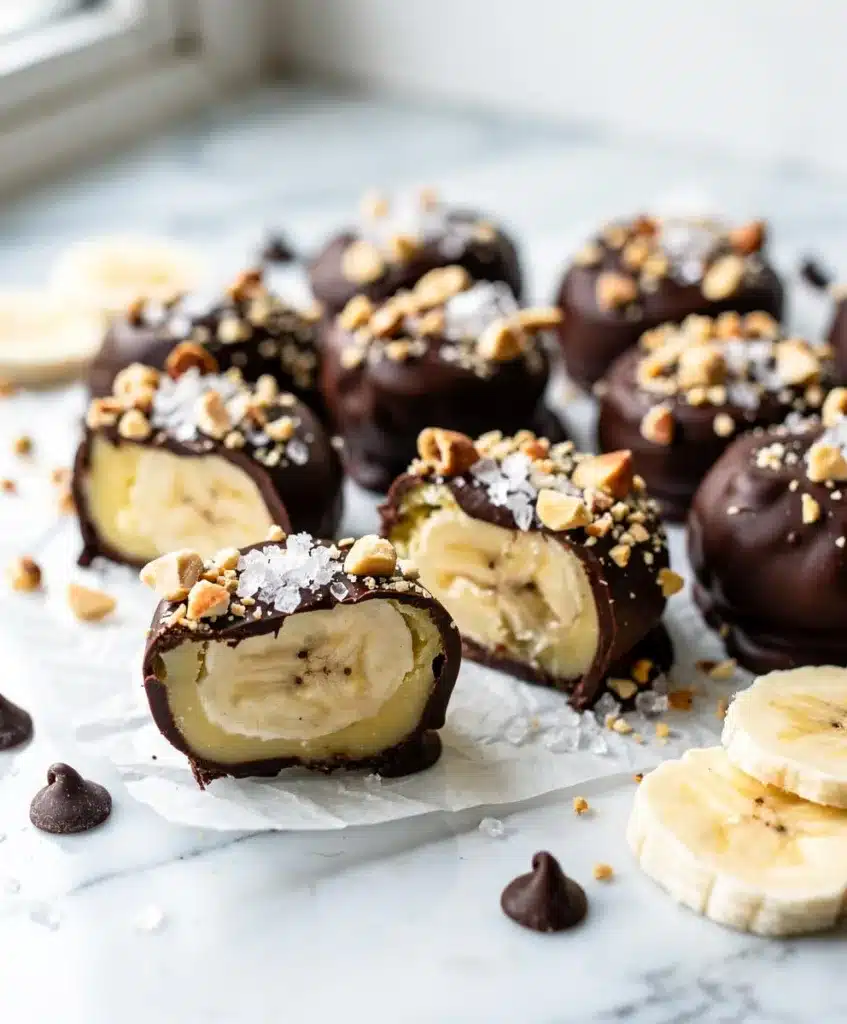 Vibrant frozen banana bites with glossy dark chocolate coating